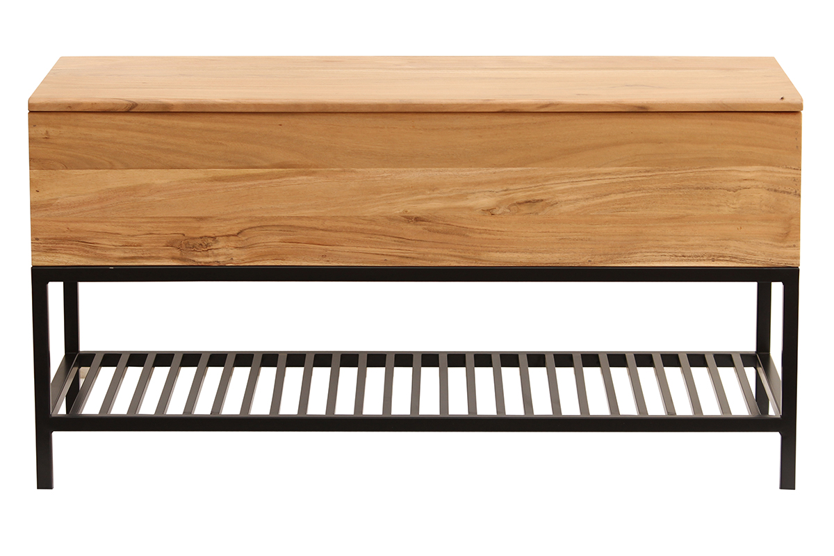 Banc d'entrée industriel avec coffre de rangement en bois massif et métal noir L100 cm SORG