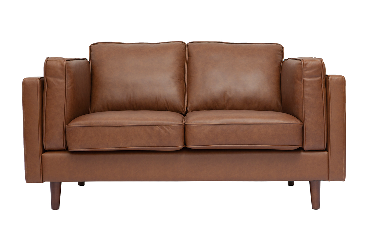 Canapé vintage 2 places cuir marron et bois foncé BRADLEY