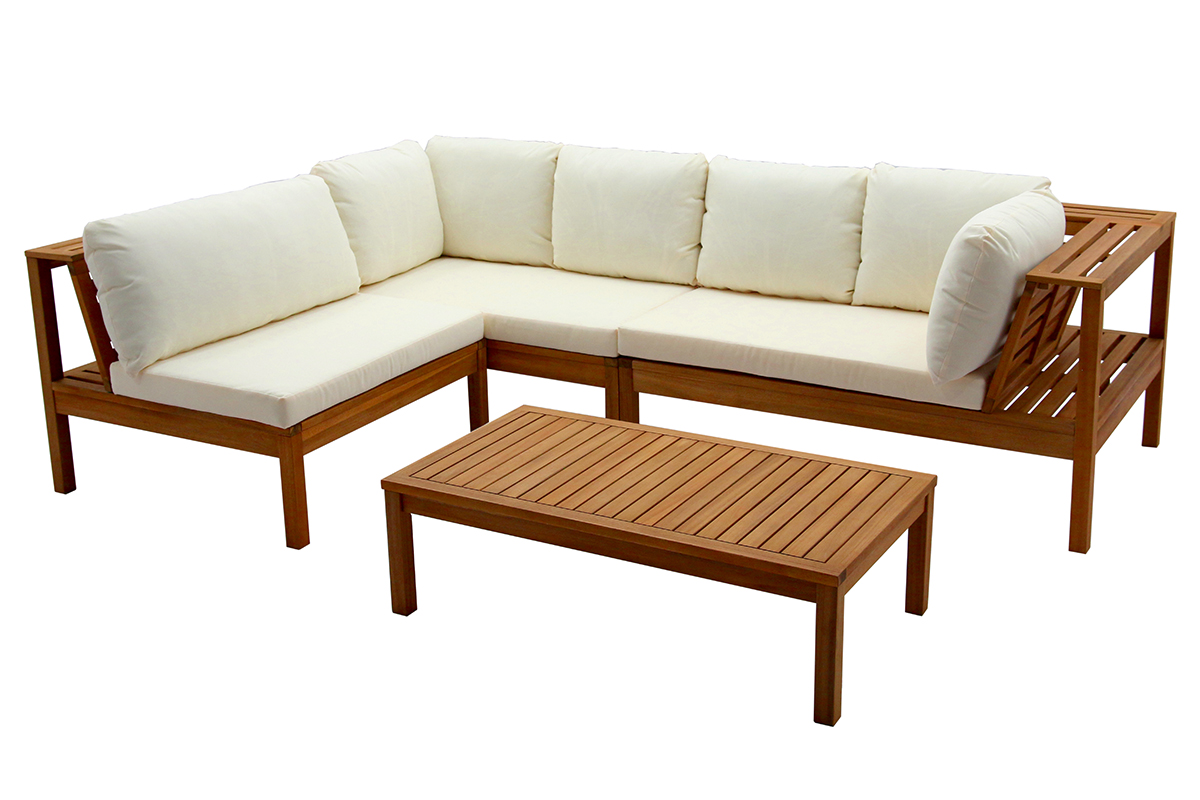 Salon de jardin d'angle 6 places en bois massif avec coussins déhoussables beige naturel BELIZE