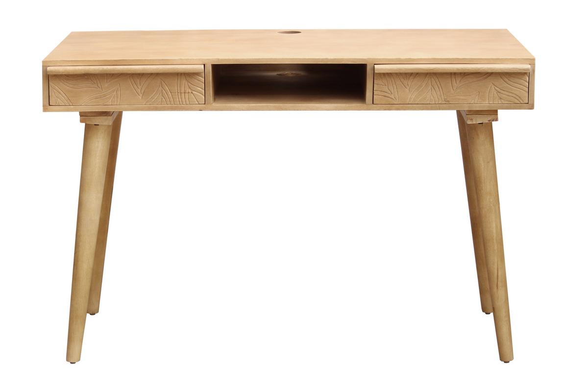 Bureau avec rangements 2 tiroirs ethnique bois manguier massif gravé L120 cm KAFFIR