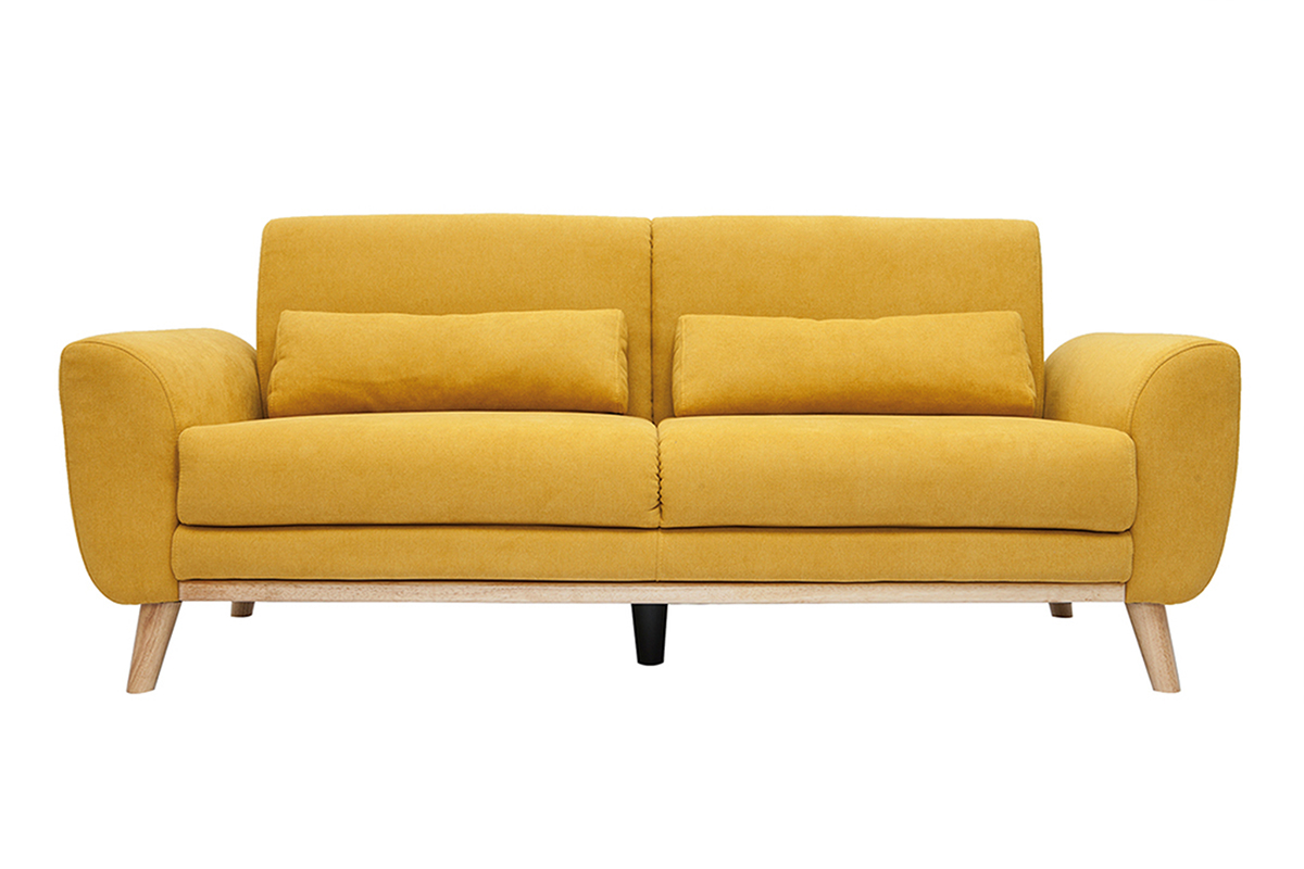 Canapé scandinave 3 places en tissu effet velours jaune moutarde et bois clair EKTOR