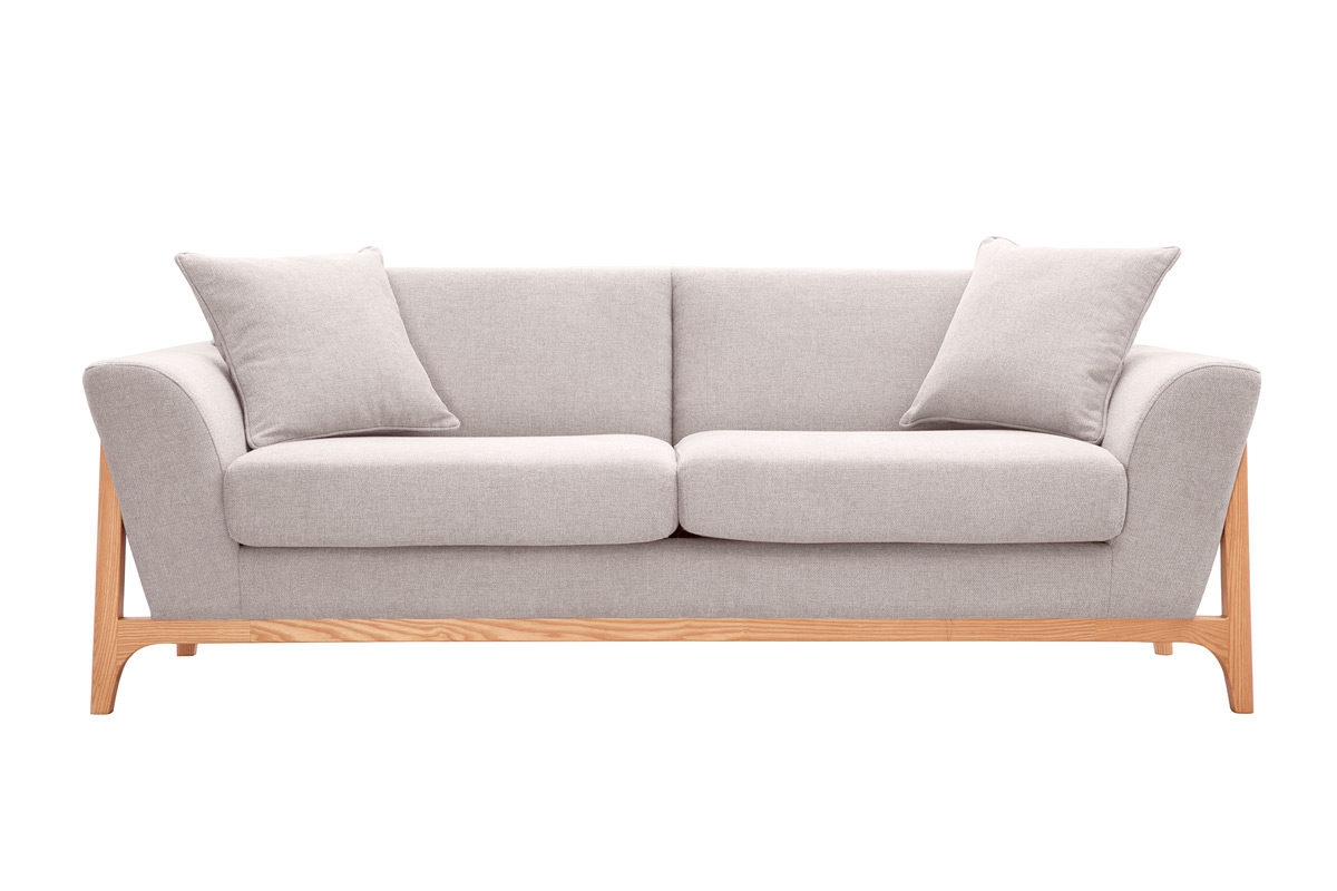 Canapé scandinave 3 places en tissu effet velours texturé beige et bois clair ASAKO