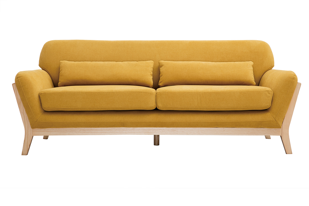 Canapé scandinave 3 places en tissu effet velours jaune moutarde et bois clair YOKO