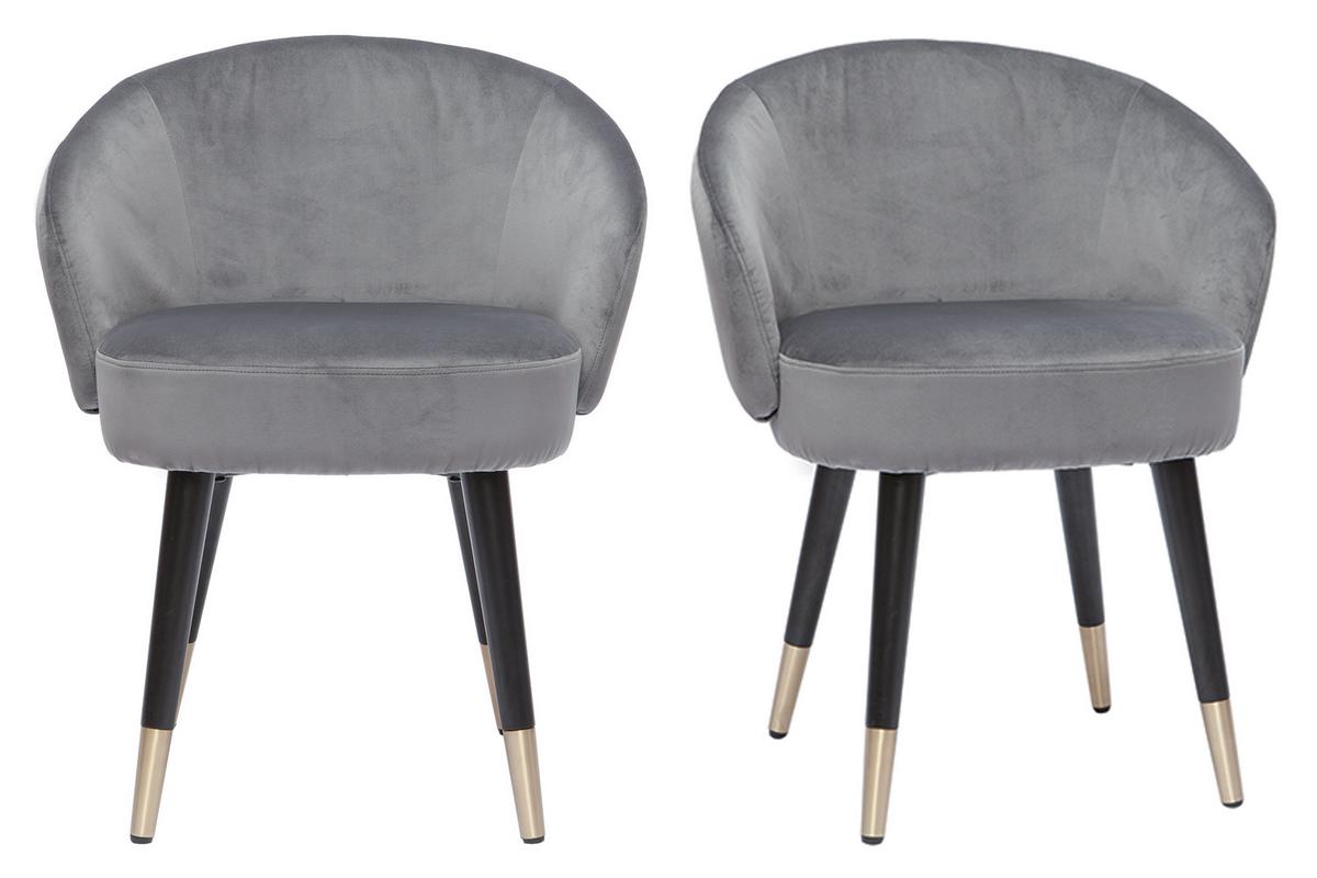 Chaises design en tissu velours gris, bois noir et métal doré (lot de 2) BRIZO