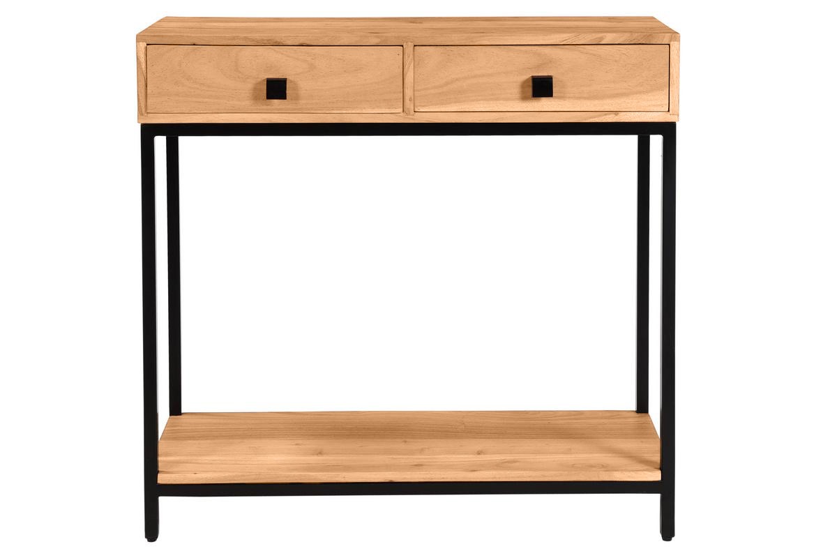 Console avec rangements 2 tiroirs en bois massif et métal noir L80 cm AXELLE