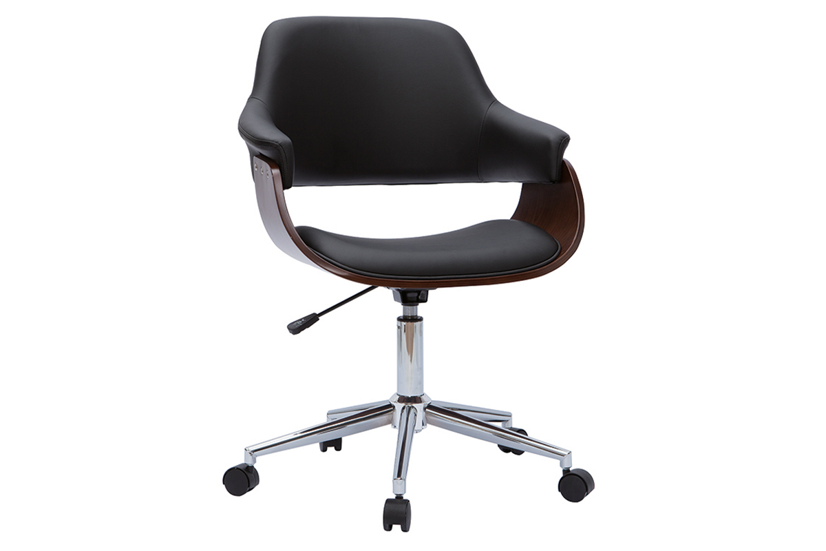 Chaise de bureau à roulettes design noir, bois foncé noyer et acier chromé HANSEN