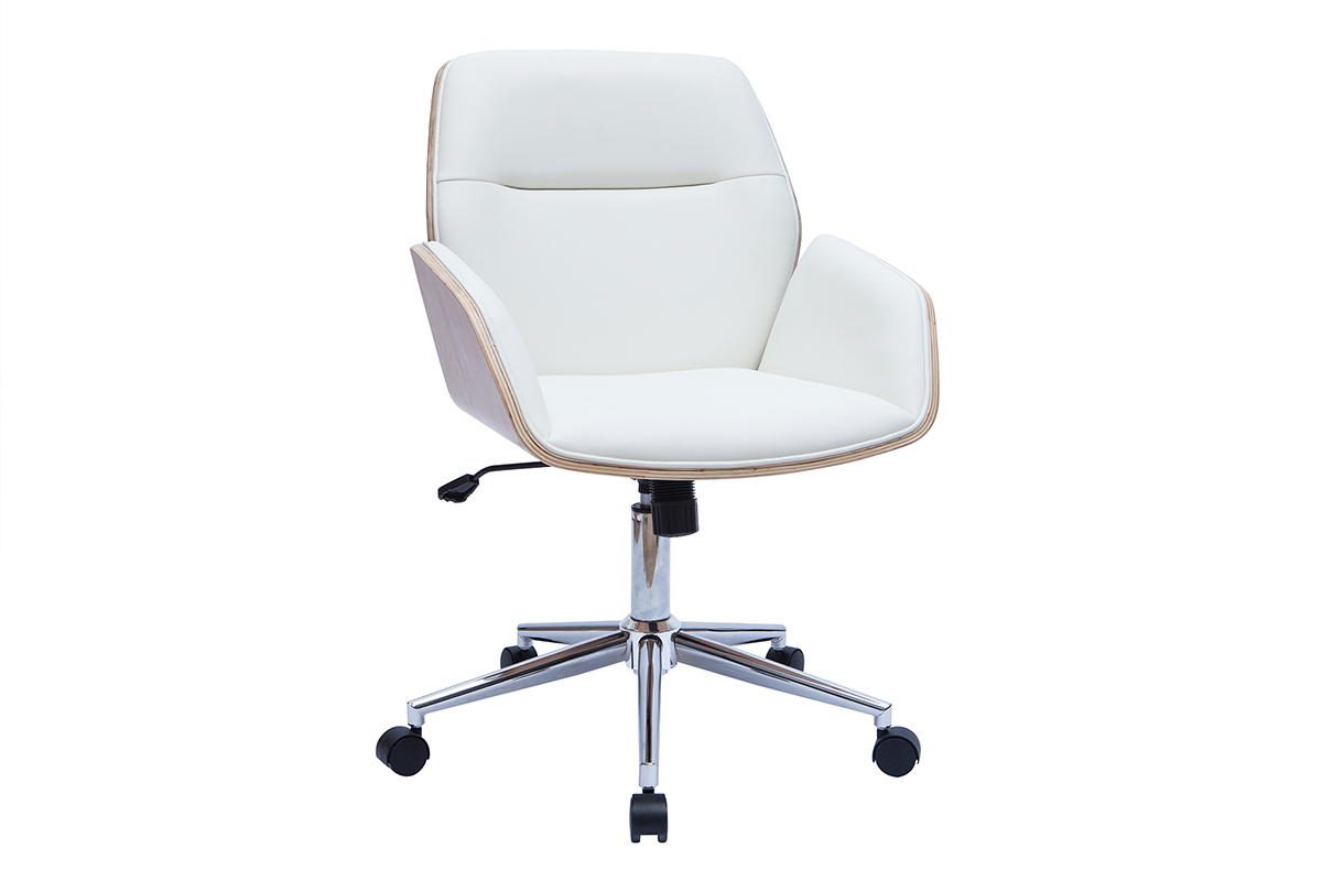Chaise de bureau à roulettes design blanc, bois clair et acier chromé  MARLOW