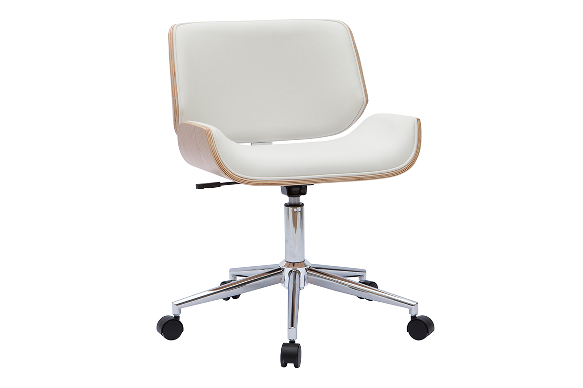 Chaise de bureau à roulettes design blanc, bois clair et acier chromé RUBBENS