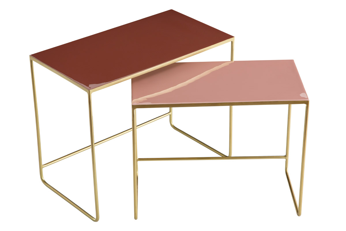Tables basses gigognes rectangulaires design terracotta, rose et métal doré (lot de 2) WESS