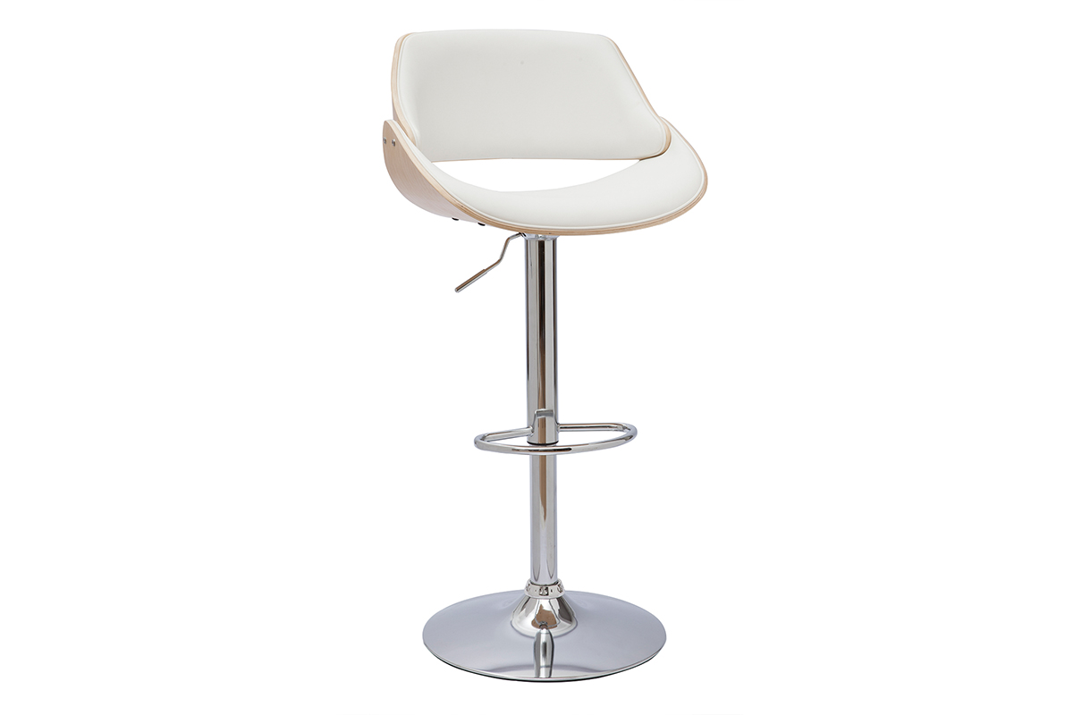 Tabouret de bar design réglable pivotant 360° blanc et bois clair CLASH