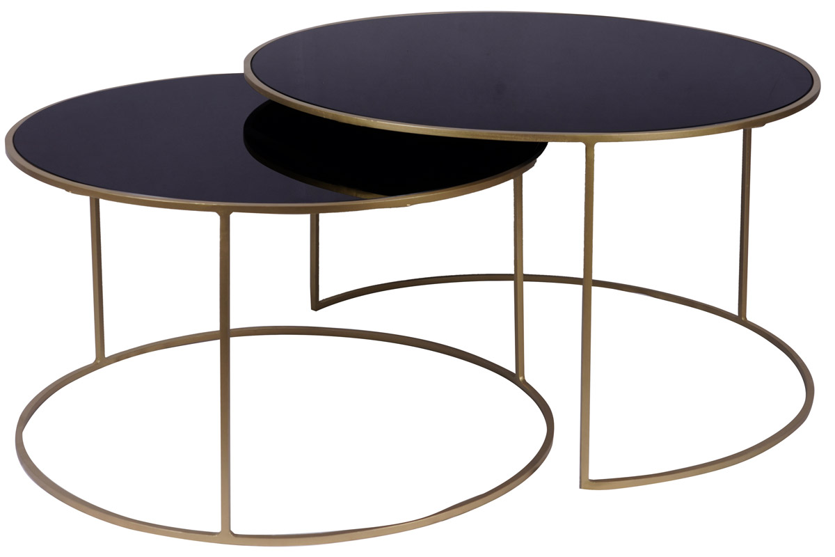 Tables basses gigognes rondes design métal doré et verre teinté noir (lot de 2) ROXO