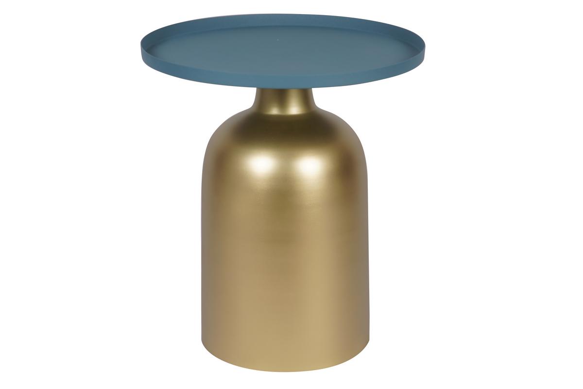 Table d'appoint design ronde en métal doré et plateau bleu pétrole mat RAMSES