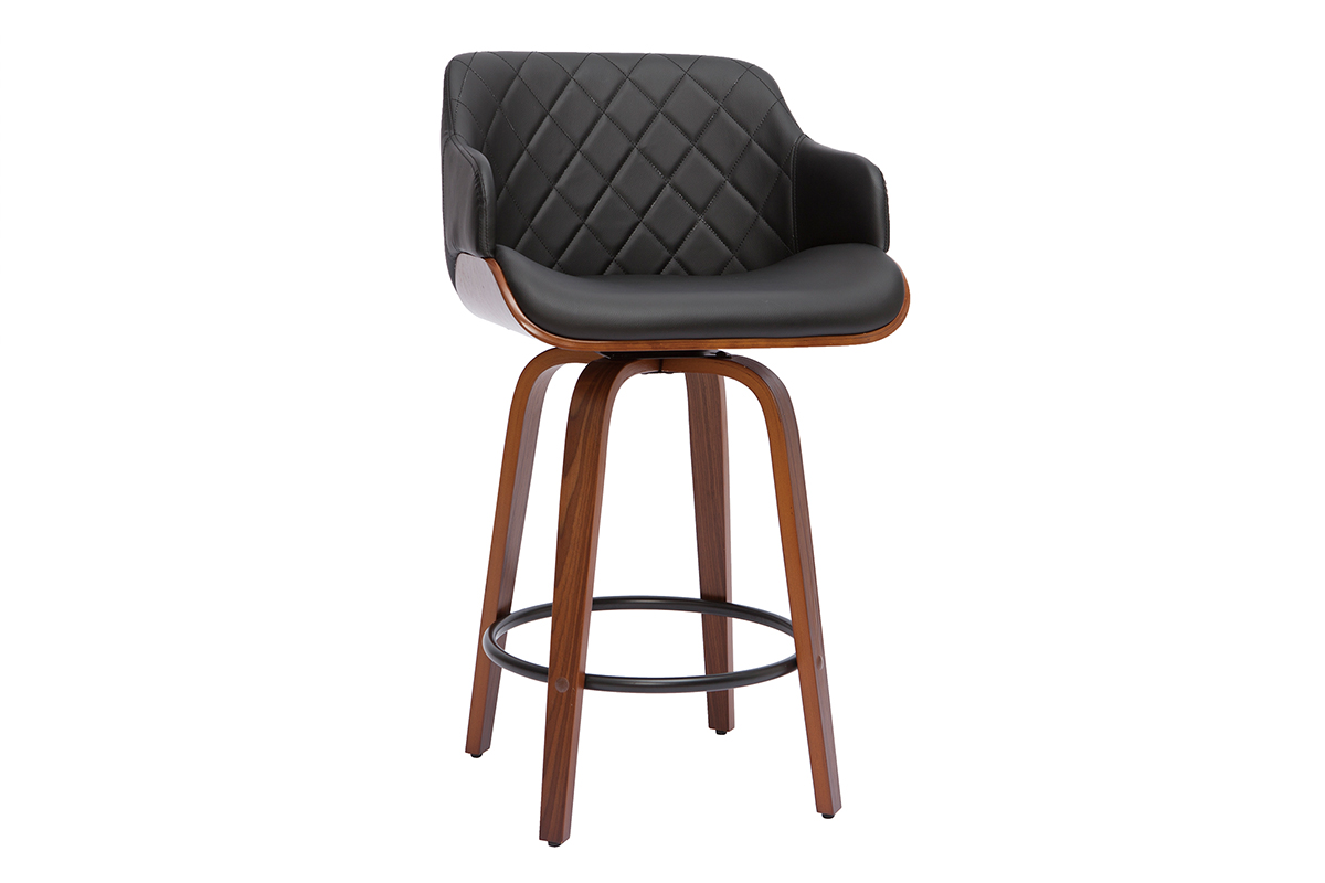 Tabouret de bar design pivotant 360° noir et bois foncé H65 cm LUCIEN