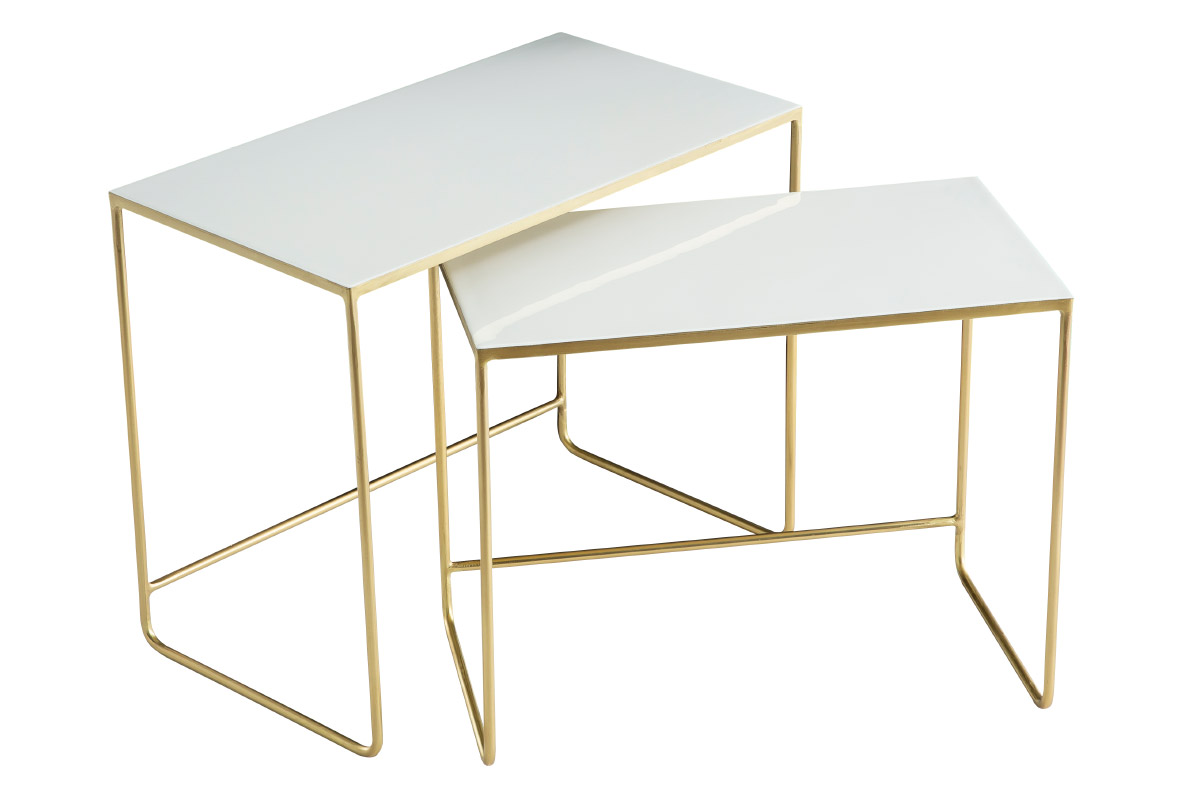 Tables basses gigognes rectangulaires design blanc et métal doré (lot de 2) WESS