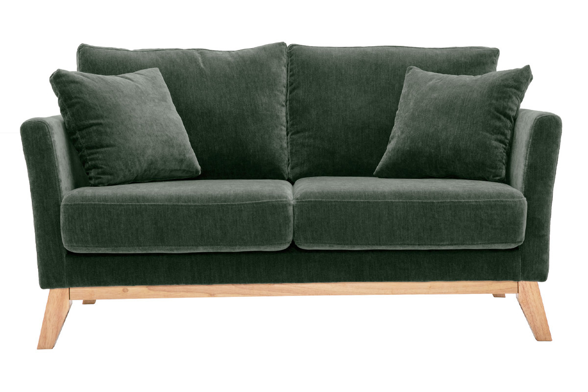 Canapé scandinave déhoussable 2 places en tissu effet velours vert kaki et bois clair OSLO