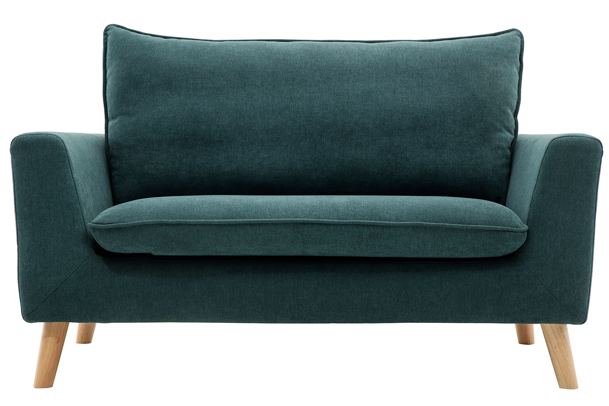 Canapé scandinave 2 places en tissu effet velours bleu canard et bois clair JONAS