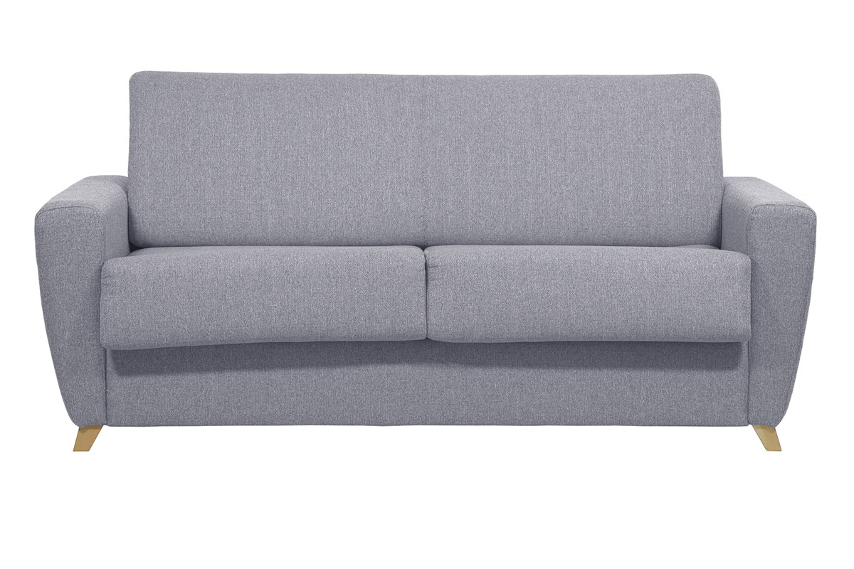 Canapé convertible en tissu gris clair et bois clair avec matelas 18 cm GRAHAM