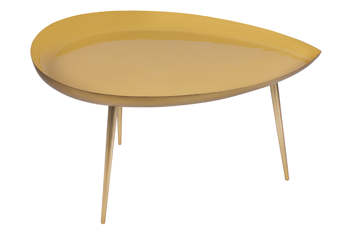 Table basse design en acier laqué jaune et doré L80 cm DROP