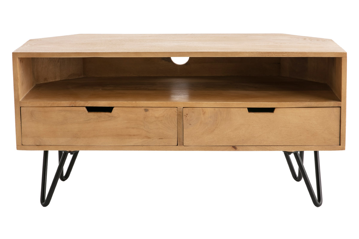 Meuble TV d'angle en bois manguier massif et métal noir L100 cm VIBES