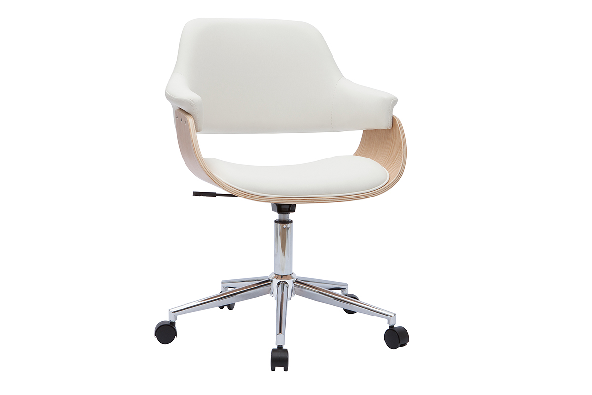 Chaise de bureau à roulettes design blanc, bois clair et acier chromé HANSEN