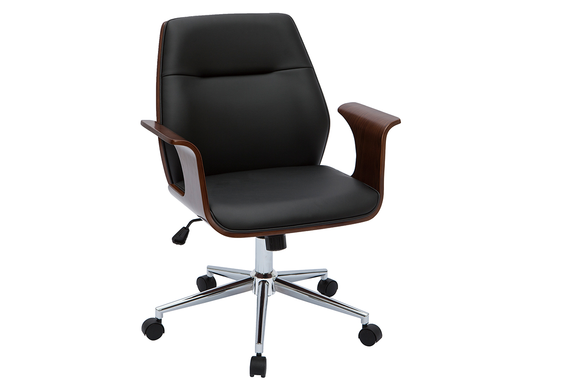 Chaise de bureau à roulettes design noir, bois foncé noyer et acier chromé RUFIN