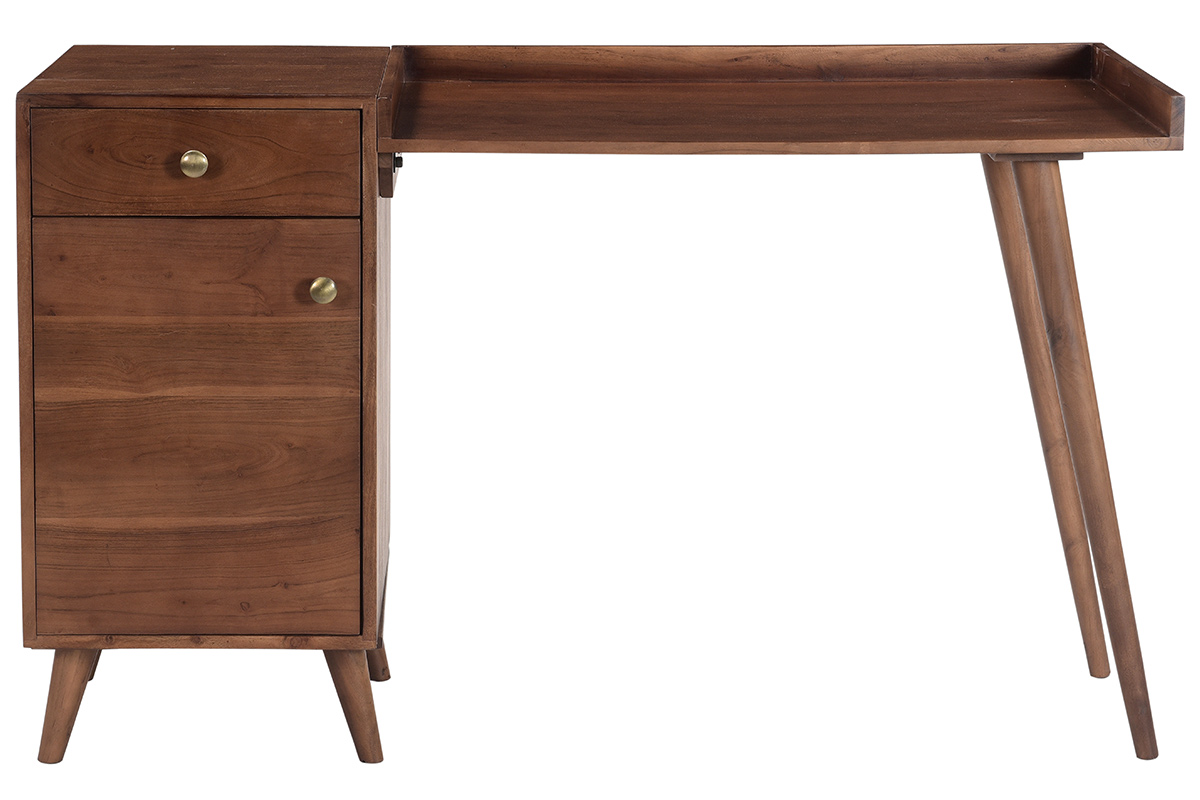 Bureau avec rangements vintage bois massif et métal doré L130 cm ROBY
