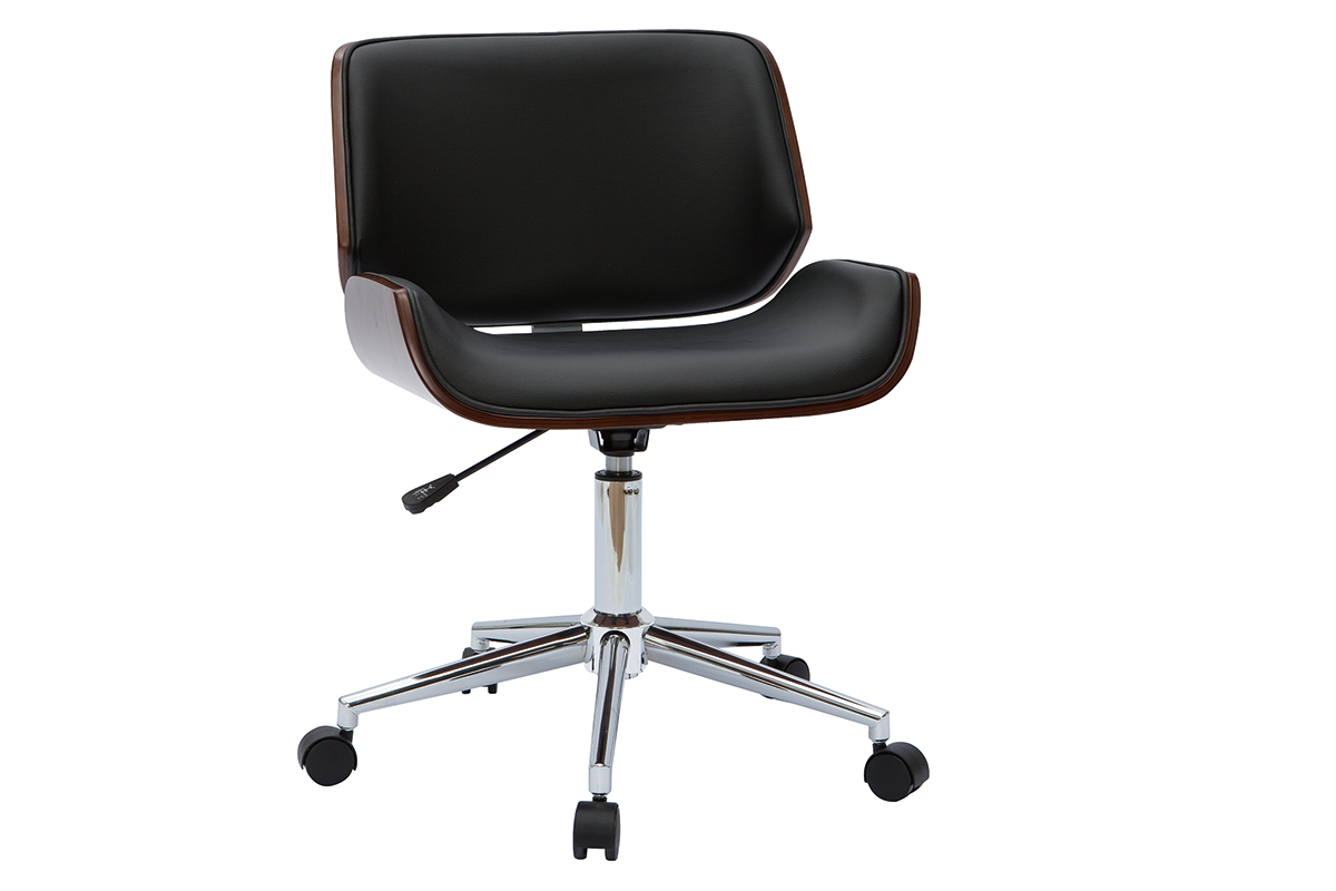 Chaise de bureau à roulettes design noir, bois foncé noyer et acier chromé RUBBENS