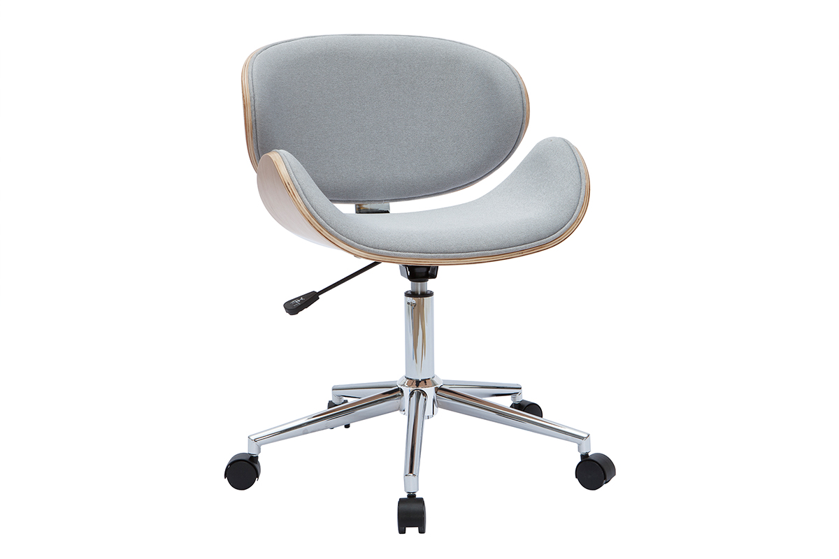 Chaise de bureau à roulettes design en tissu gris clair, bois clair et acier chromé WALNUT