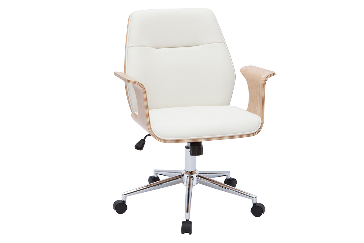Chaise de bureau à roulettes design blanc, bois clair et acier chromé RUFIN