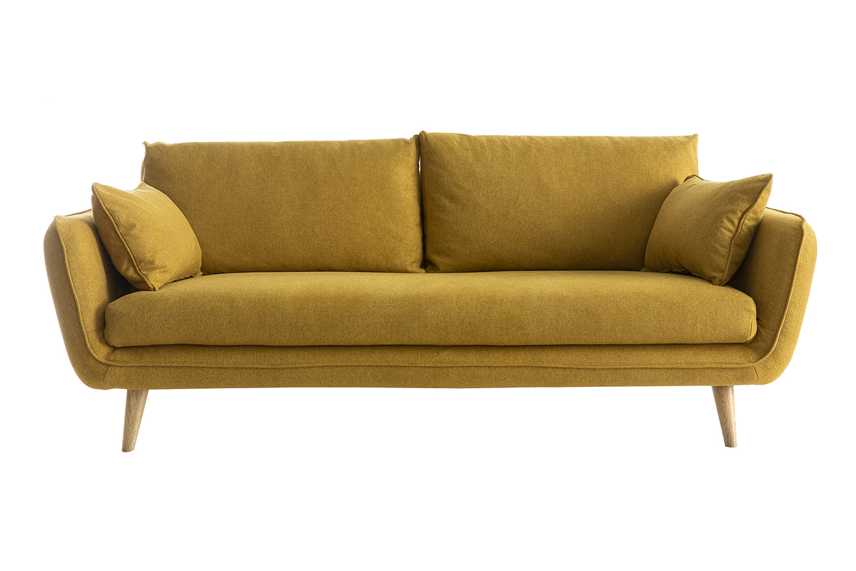 Canapé scandinave 3 places en tissu jaune cumin et bois clair CREEP