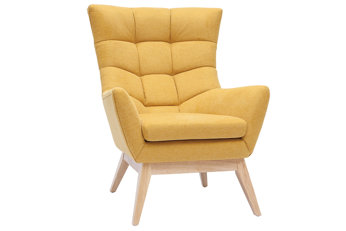 Fauteuil scandinave en tissu effet velours texturé jaune moutarde et bois clair BRODY