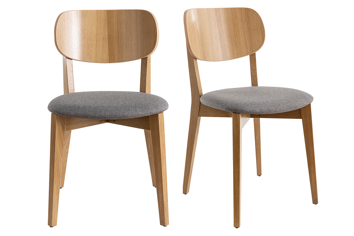 Chaises vintage en bois clair chêne et tissu gris clair (lot de 2) LUCIA