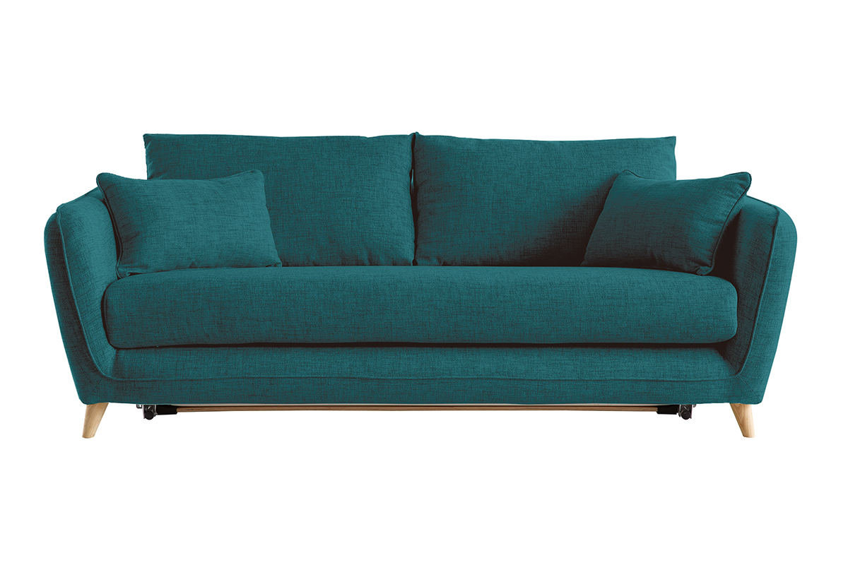 Canapé convertible scandinave 3 places en tissu bleu paon et bois clair avec matelas 10 cm CREEP