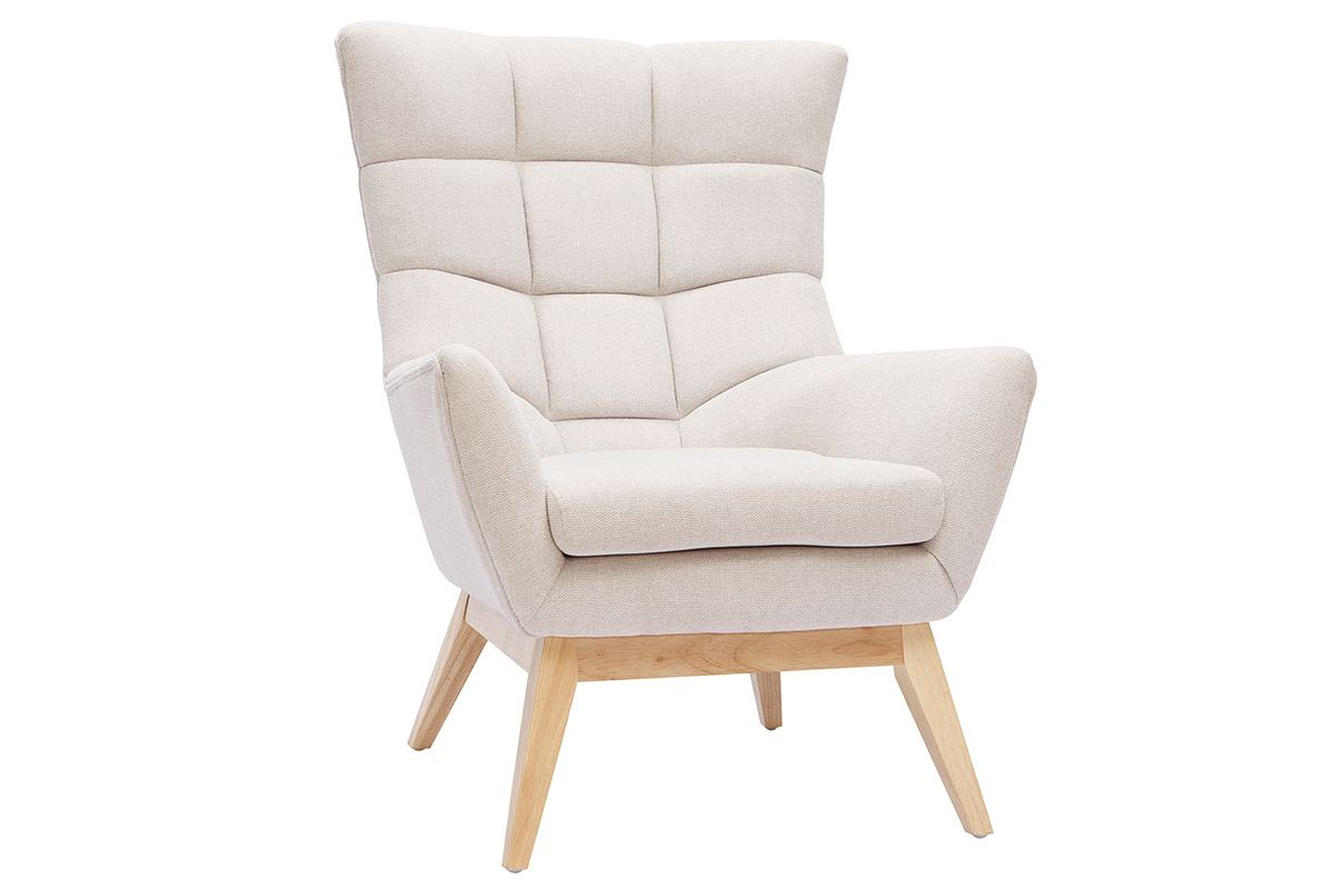 Fauteuil scandinave en tissu effet velours texturé naturel et bois clair BRODY