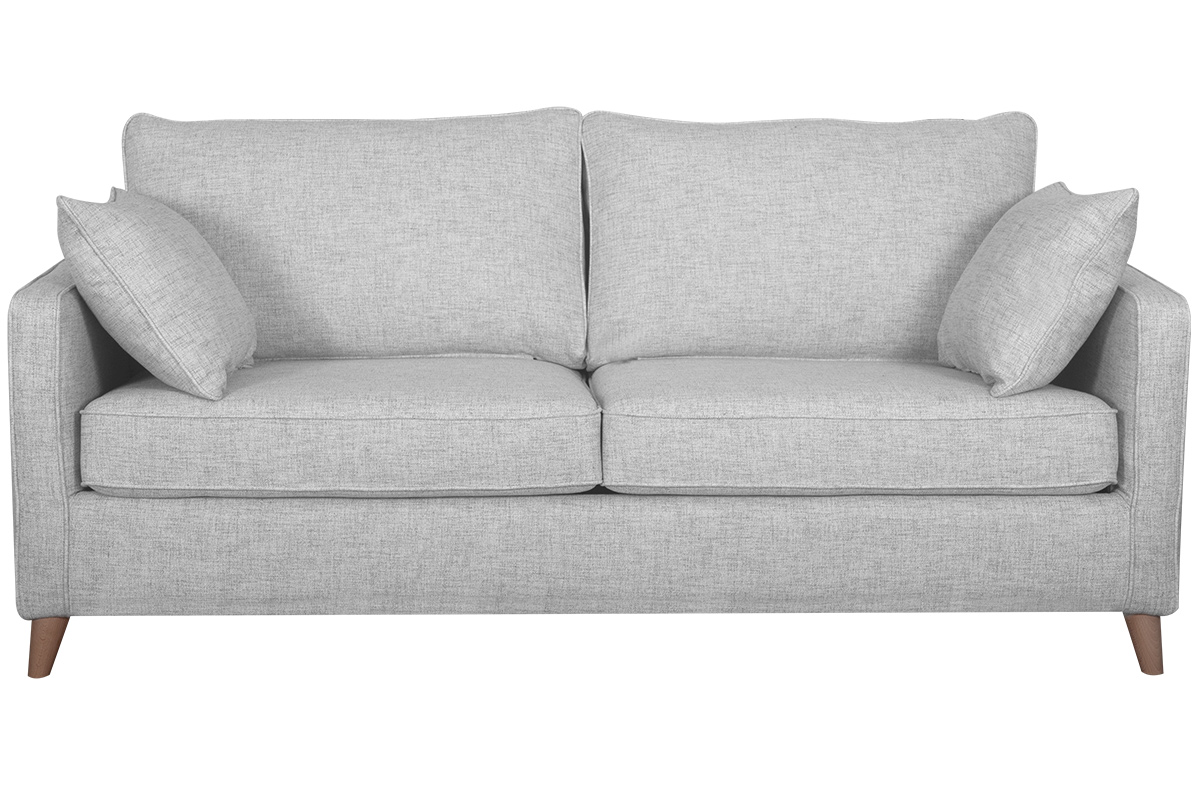 Canapé convertible scandinave 3 places en tissu gris clair et bois clair avec matelas 10 cm PAPEL
