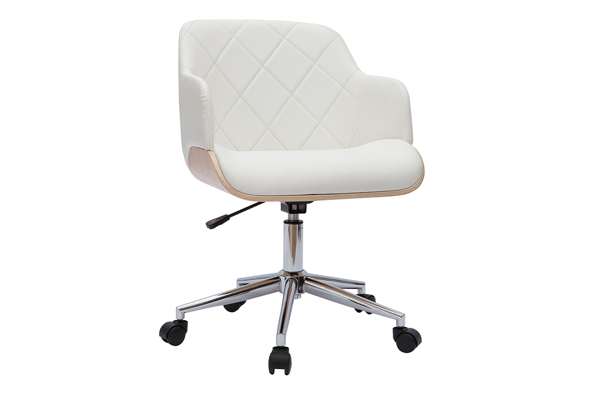Chaise de bureau à roulettes design blanc, bois clair et acier chromé SANDRO