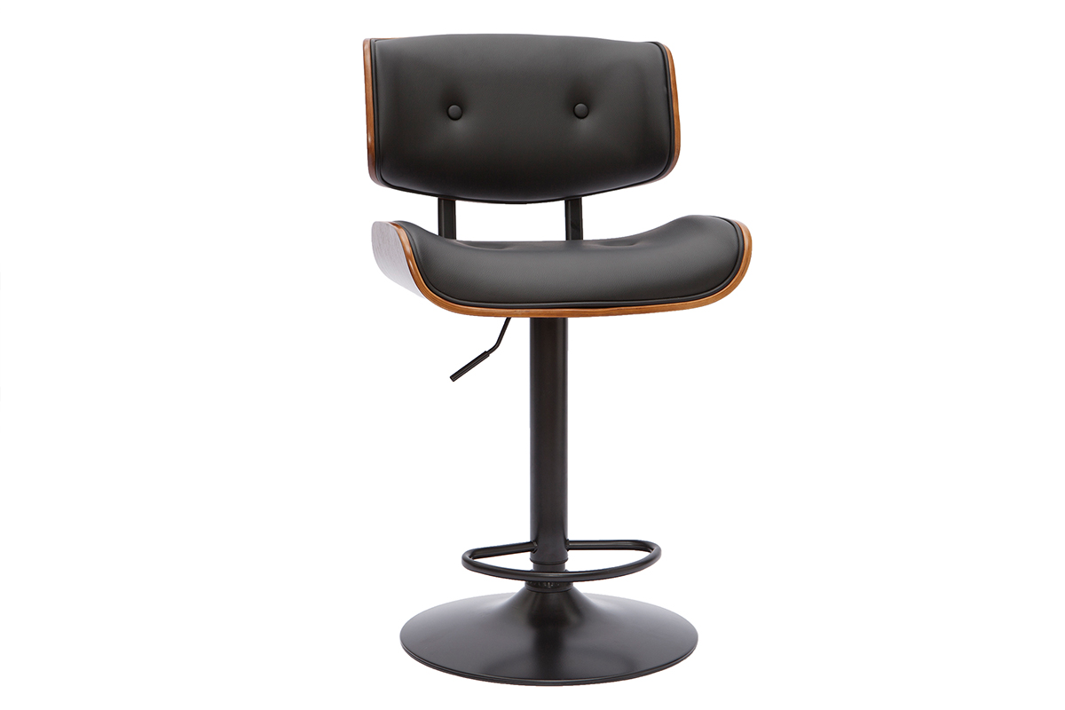 Tabouret de bar design réglable pivotant 360° noir et bois foncé BASILE