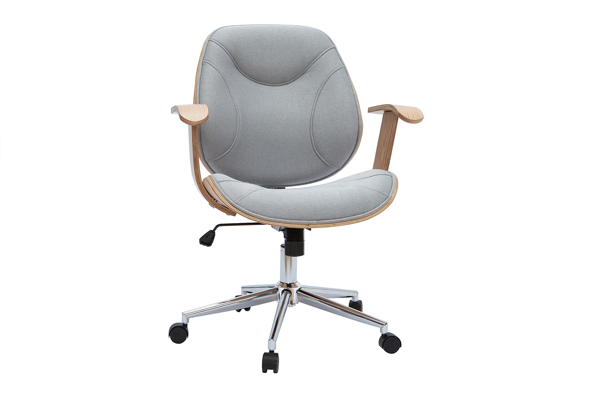 Chaise de bureau à roulettes design en tissu gris clair, bois clair et acier chromé YORKE