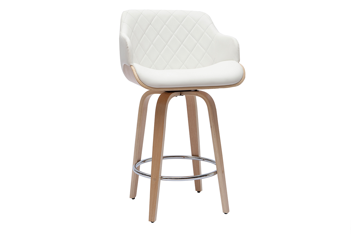 Tabouret de bar design pivotant 360° blanc et bois clair H65 cm LUCIEN