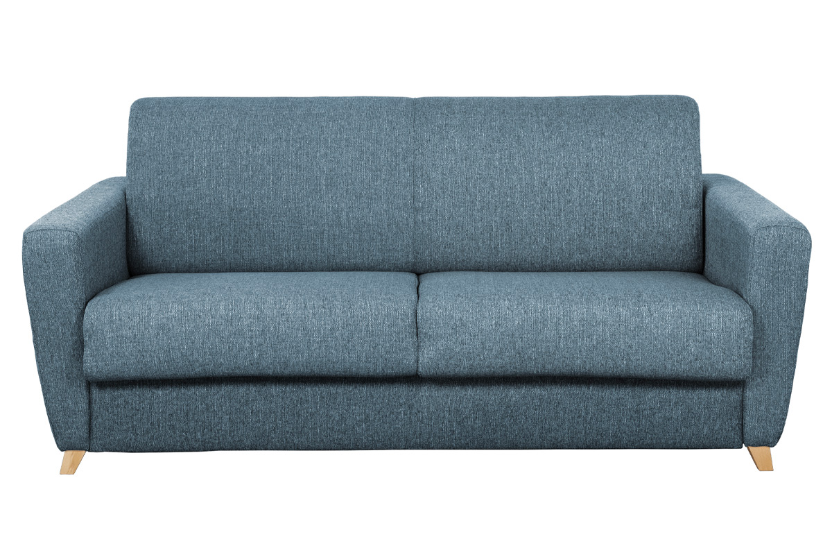 Canapé convertible 3 places en tissu bleu et bois clair avec matelas L140 cm 12 cm GRAHAM