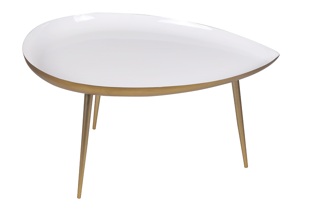 Table basse design en acier laqué blanc et doré L80 cm DROP