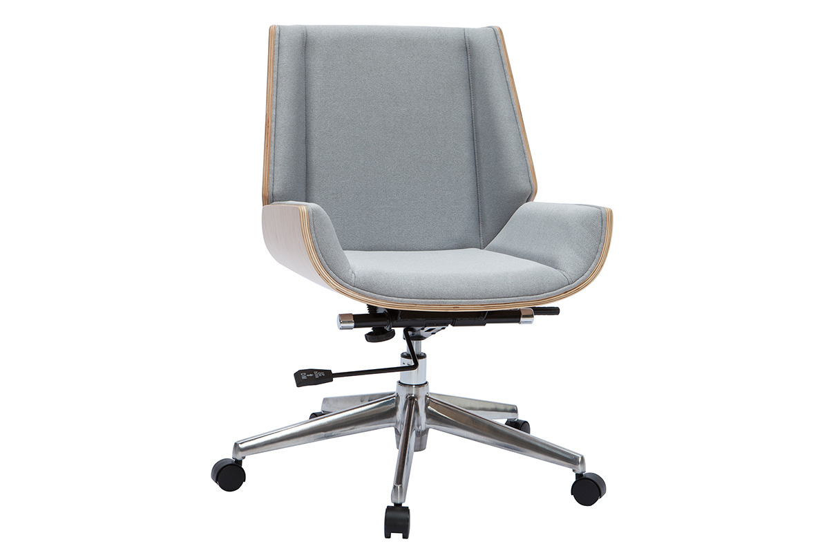 Chaise de bureau à roulettes design en tissu gris clair, bois clair et acier chromé CURVED