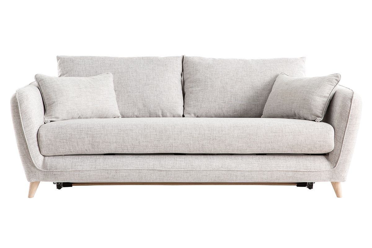 Canapé convertible scandinave 3 places en tissu gris clair chiné et bois clair avec matelas 10 cm CREEP