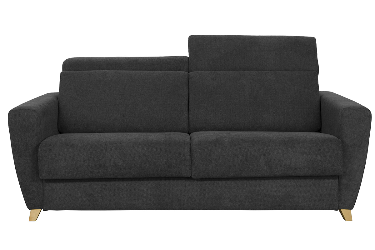 Canapé convertible avec têtières ajustables 3 places en tissu effet velours gris anthracite et bois clair avec matelas 13 cm GOYA