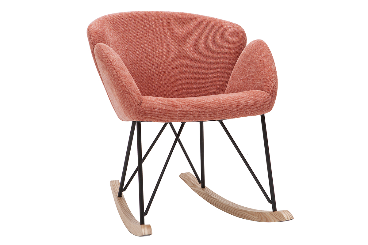 Rocking chair en tissu effet velours texturé terracotta, métal noir et bois clair RHAPSODY