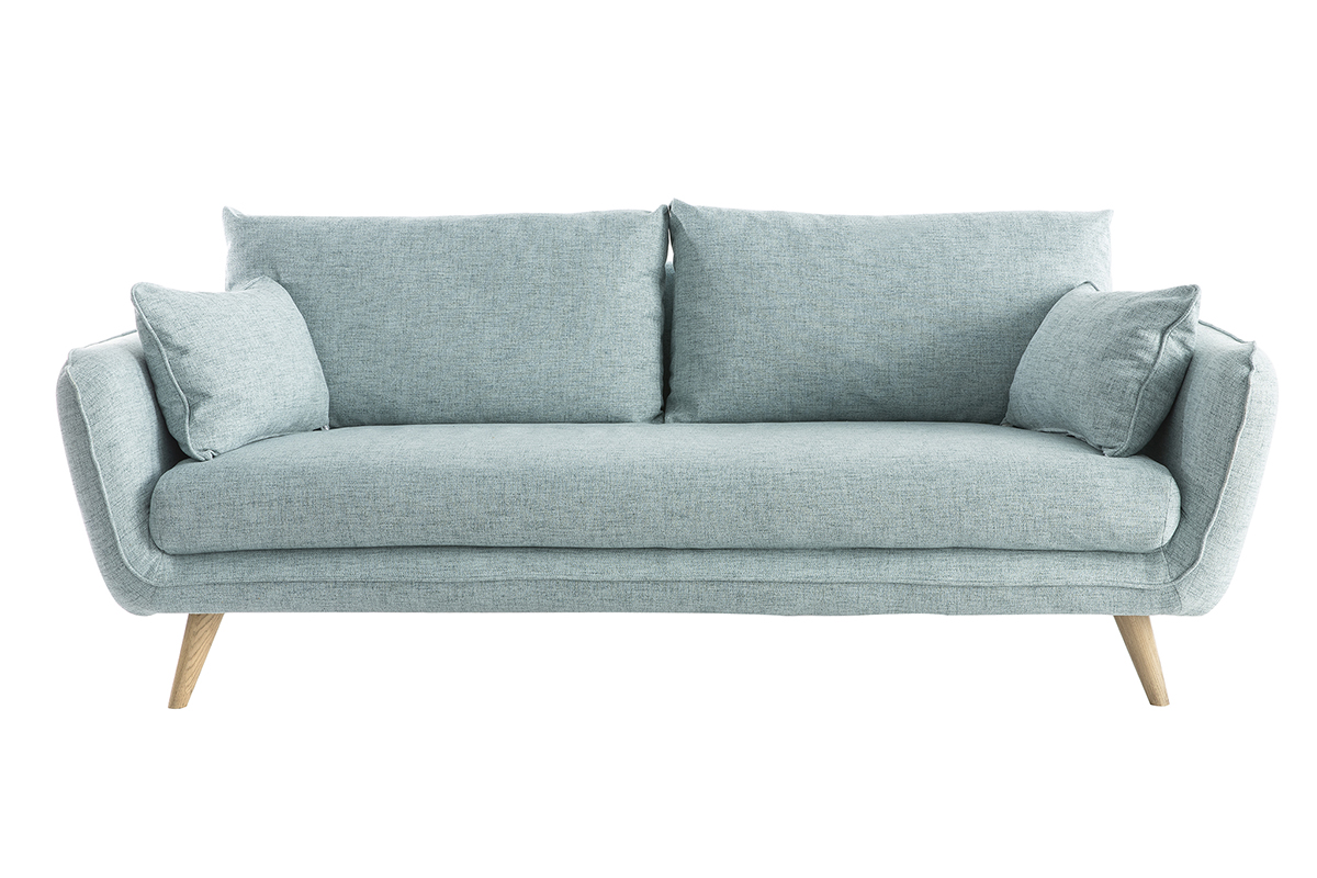 Canapé scandinave 3 places en tissu bleu glacier et bois clair CREEP