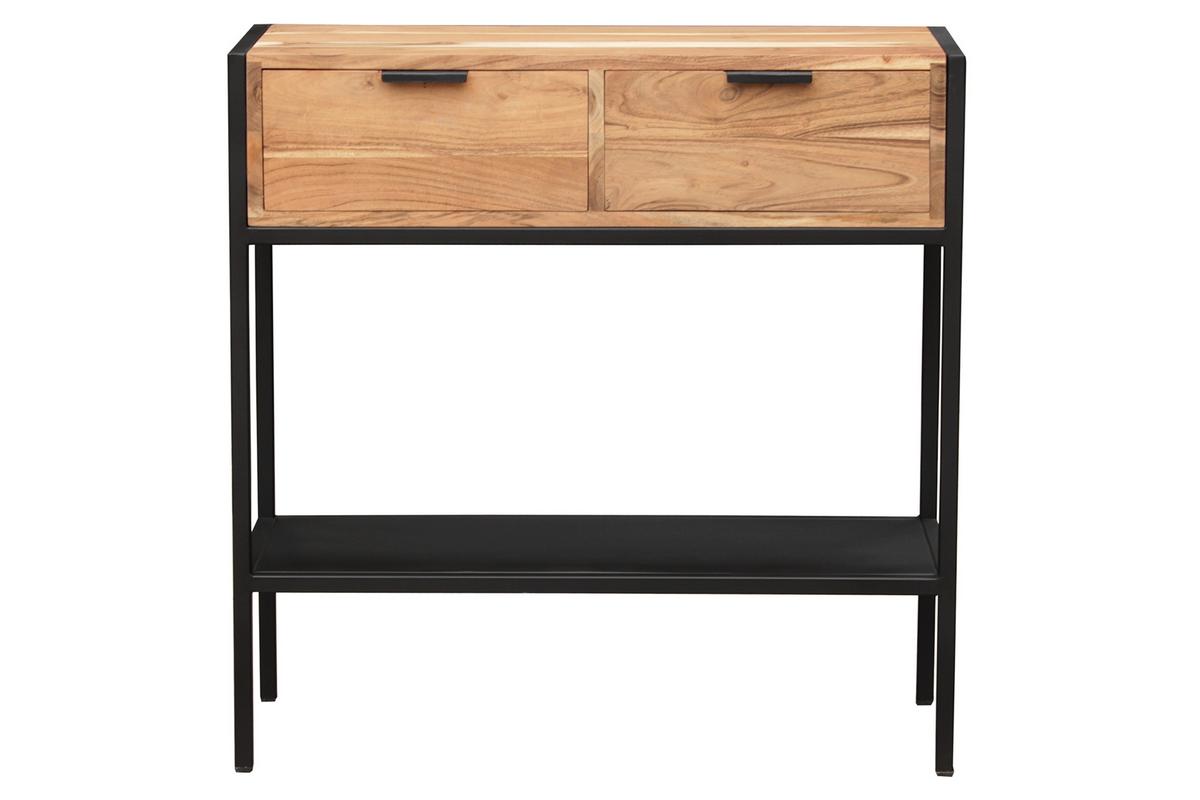 Console avec rangements 2 tiroirs en bois massif et métal noir L80 cm ARTHUS