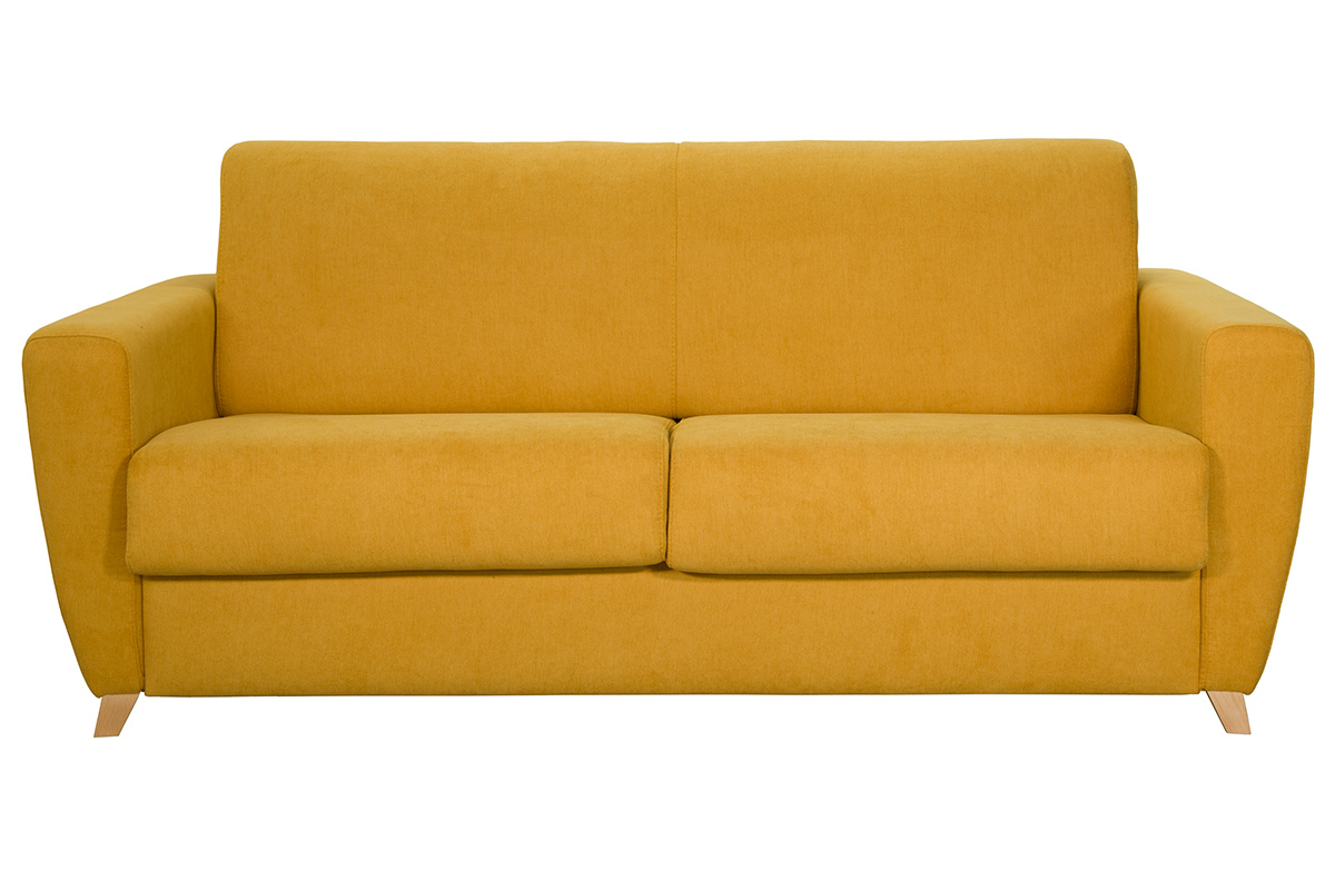 Canapé convertible 3 places en tissu jaune moutarde et bois clair avec matelas L140 cm 13 cm GRAHAM