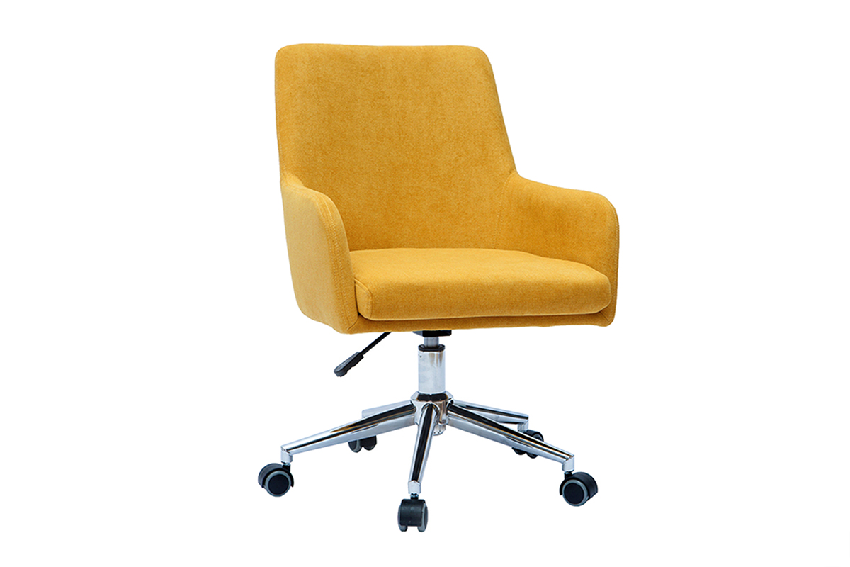 Chaise de bureau à roulettes en tissu effet velours jaune moutarde et acier chromé SHANA