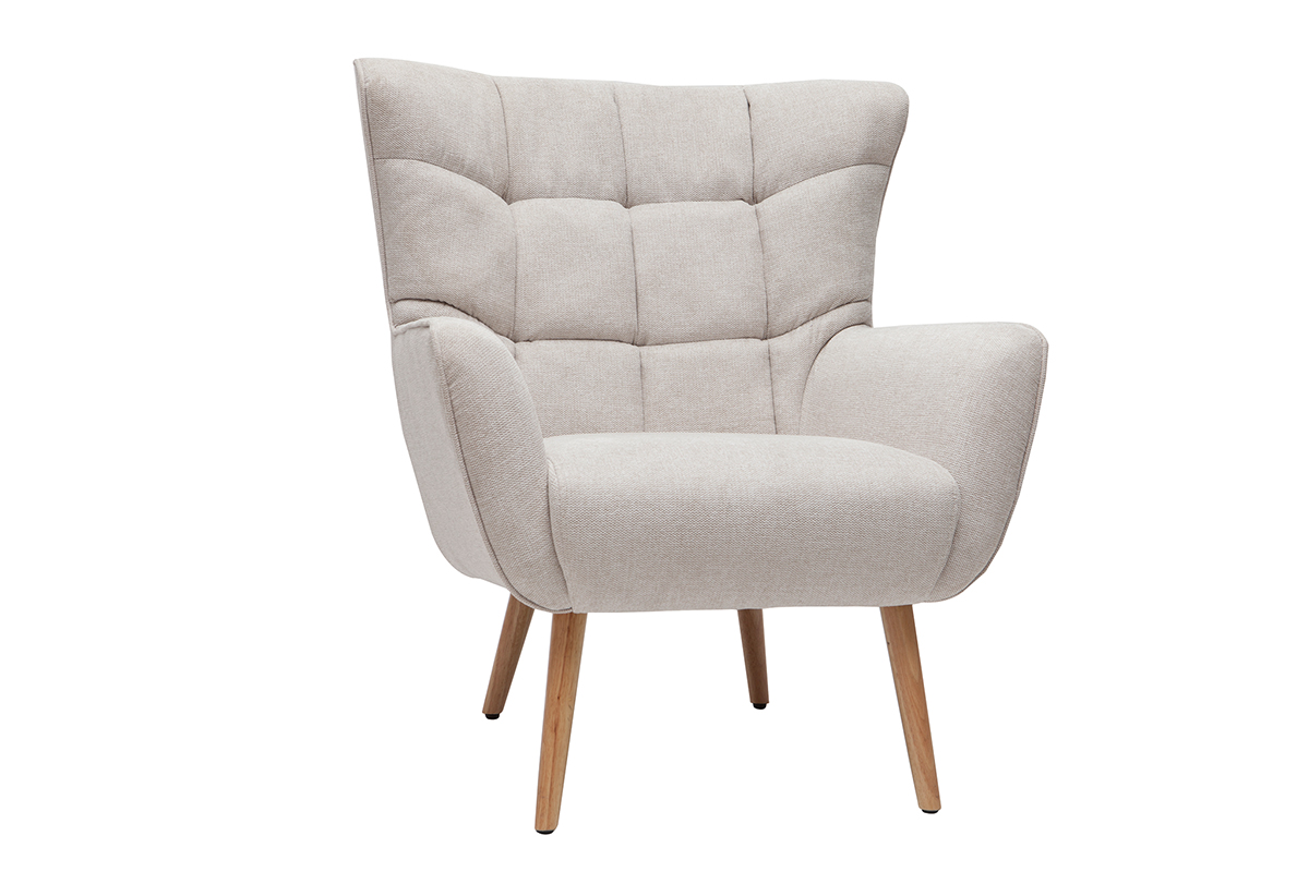 Fauteuil scandinave en tissu effet velours texturé beige et bois clair AVERY
